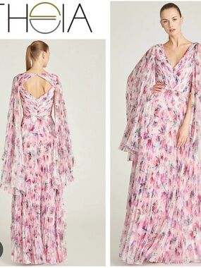 Theia Pink Floral Pleated V-Neck Maxi Gown